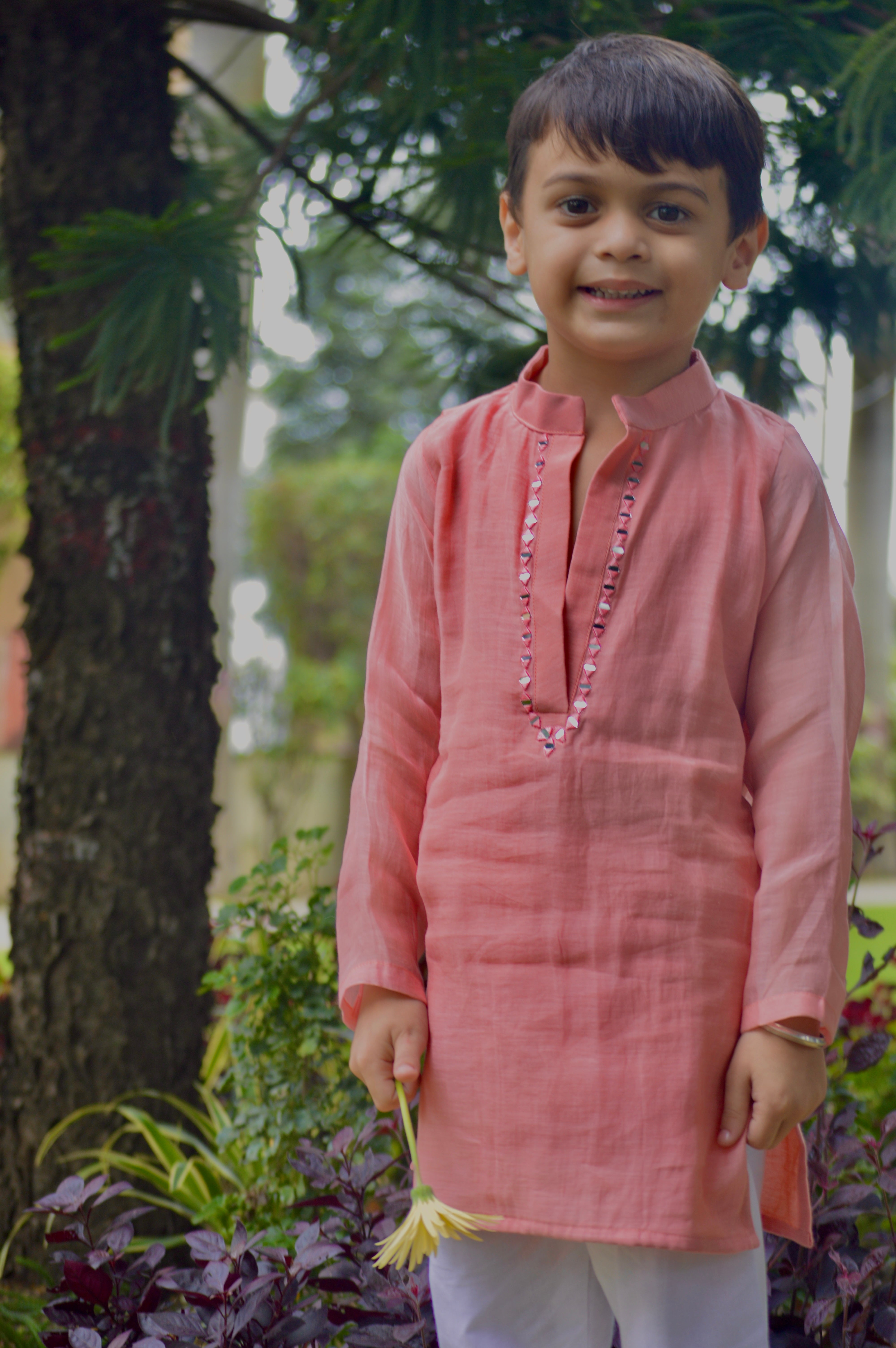 Coral Pink Mirror Kurta Set for Boys