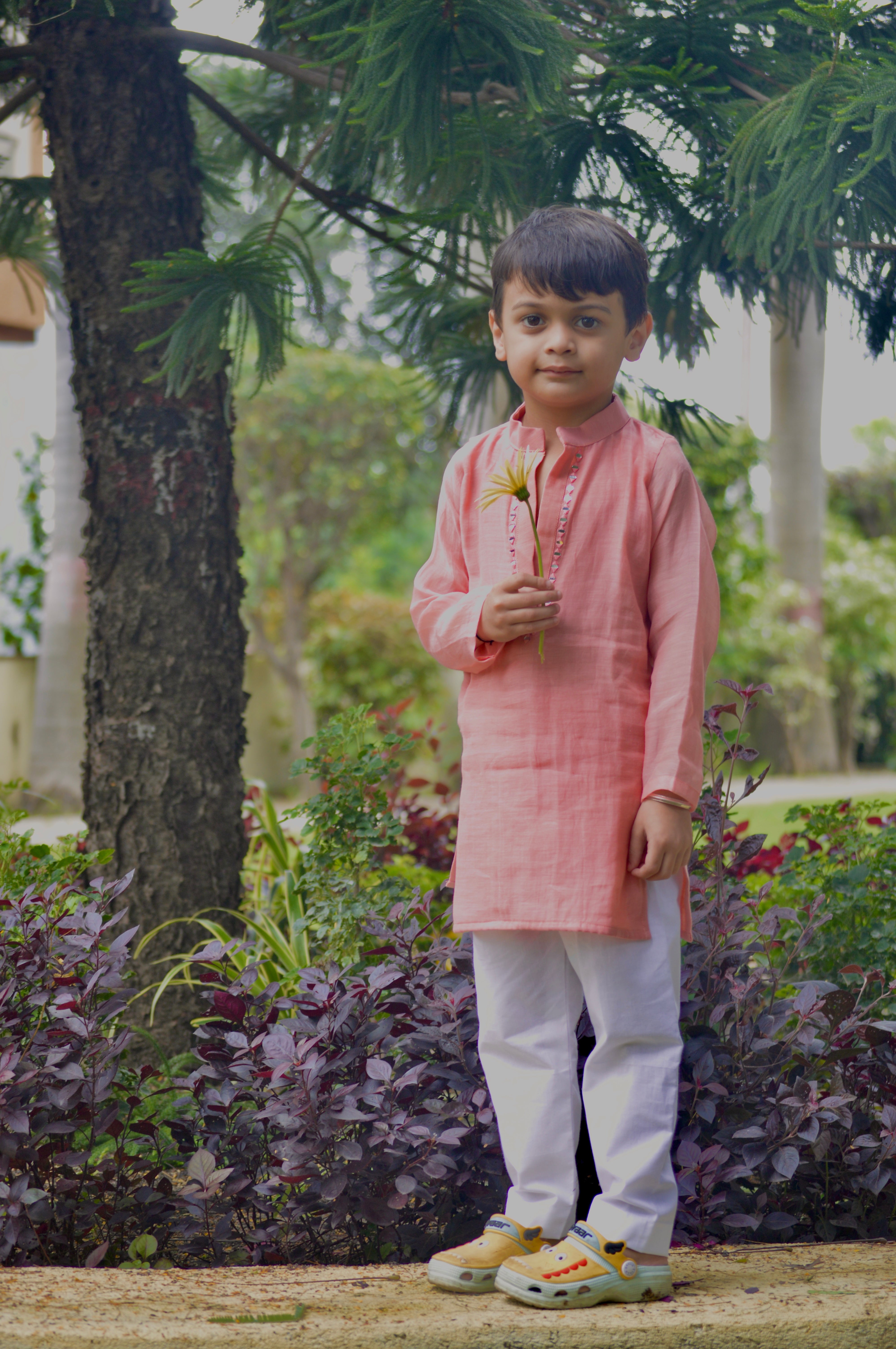 Coral Pink Mirror Kurta Set for Boys