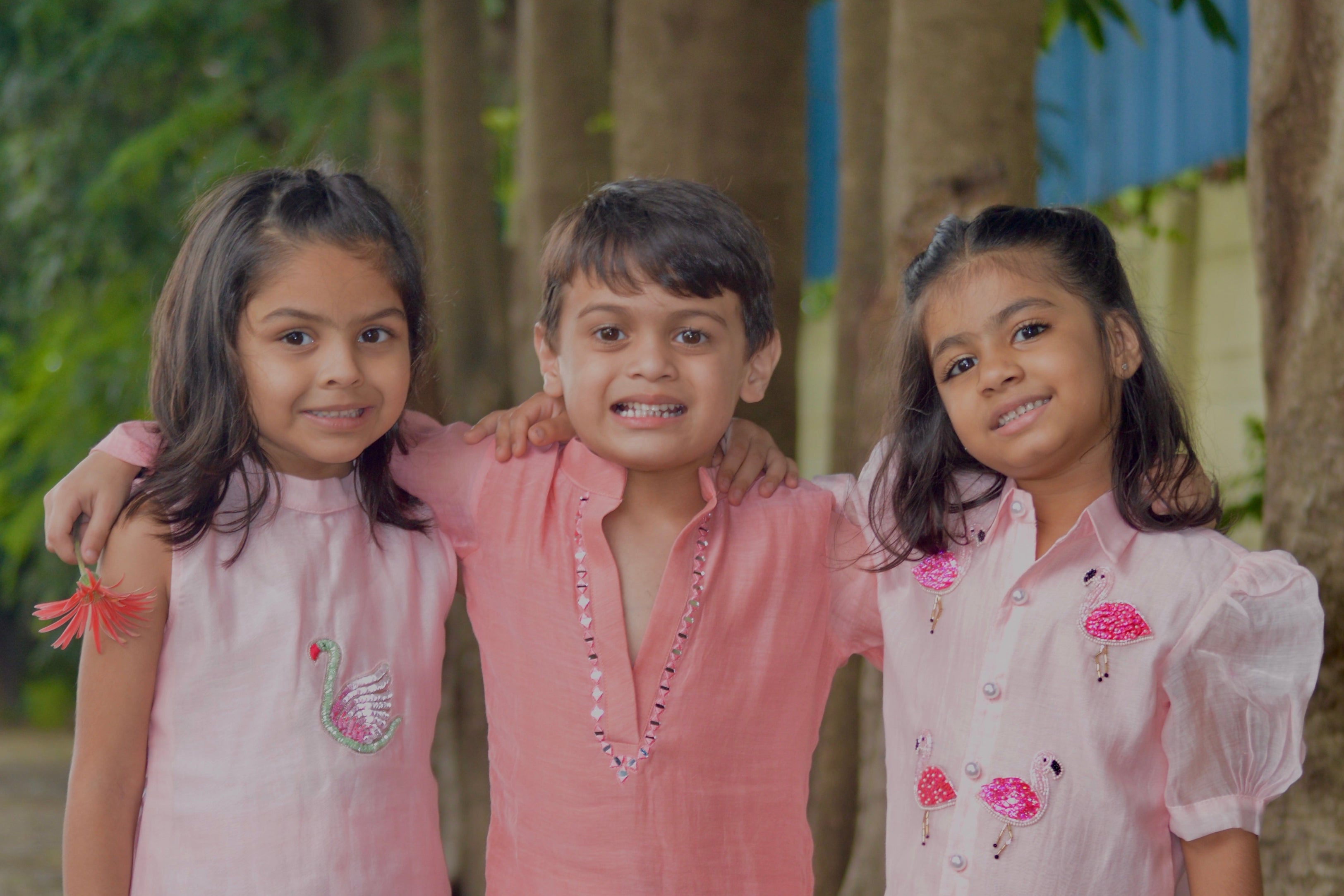 Coral Pink Mirror Kurta Set for Boys